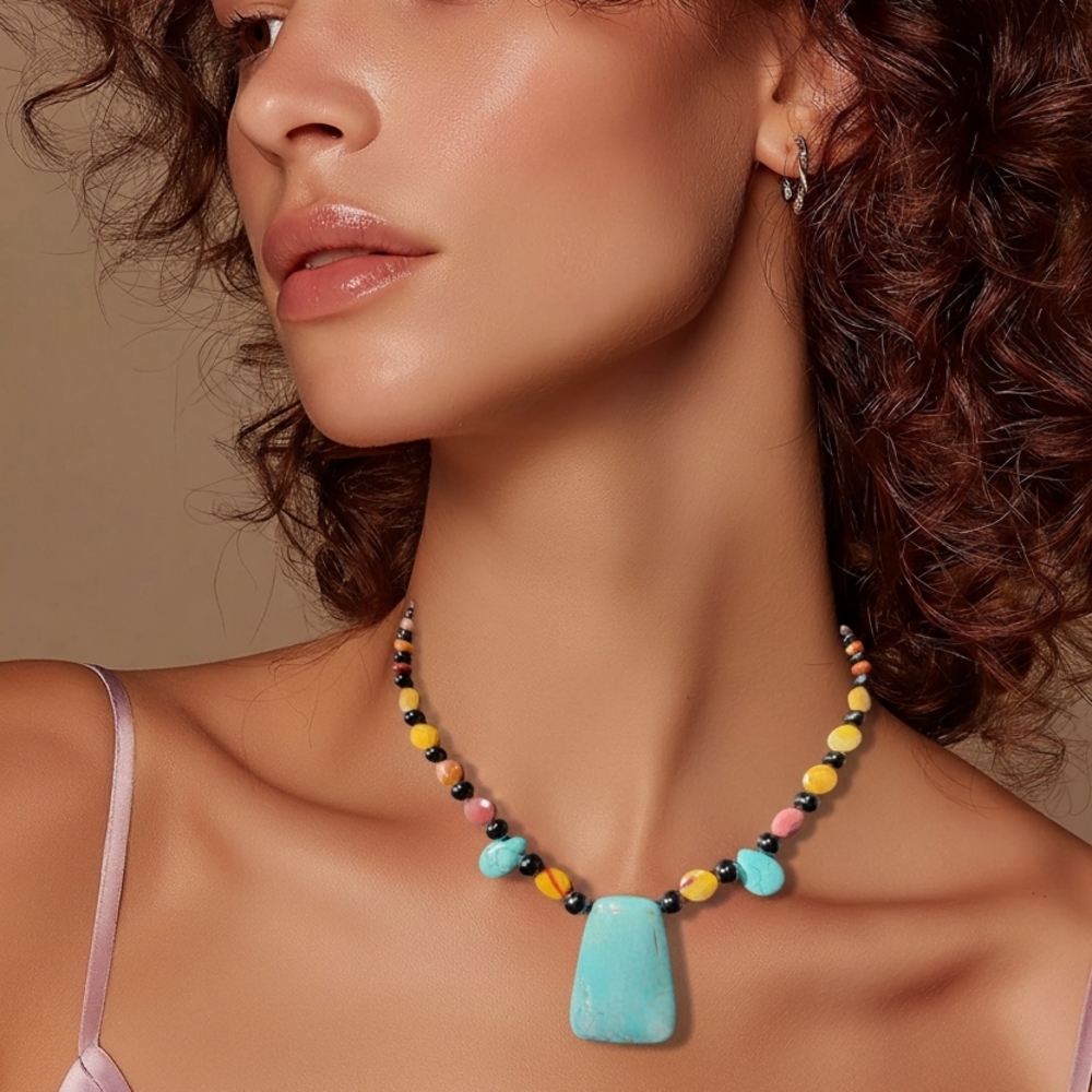 Handcrafted Turquoise, Black Tourmaline and Mookaite Beaded 20" Necklace